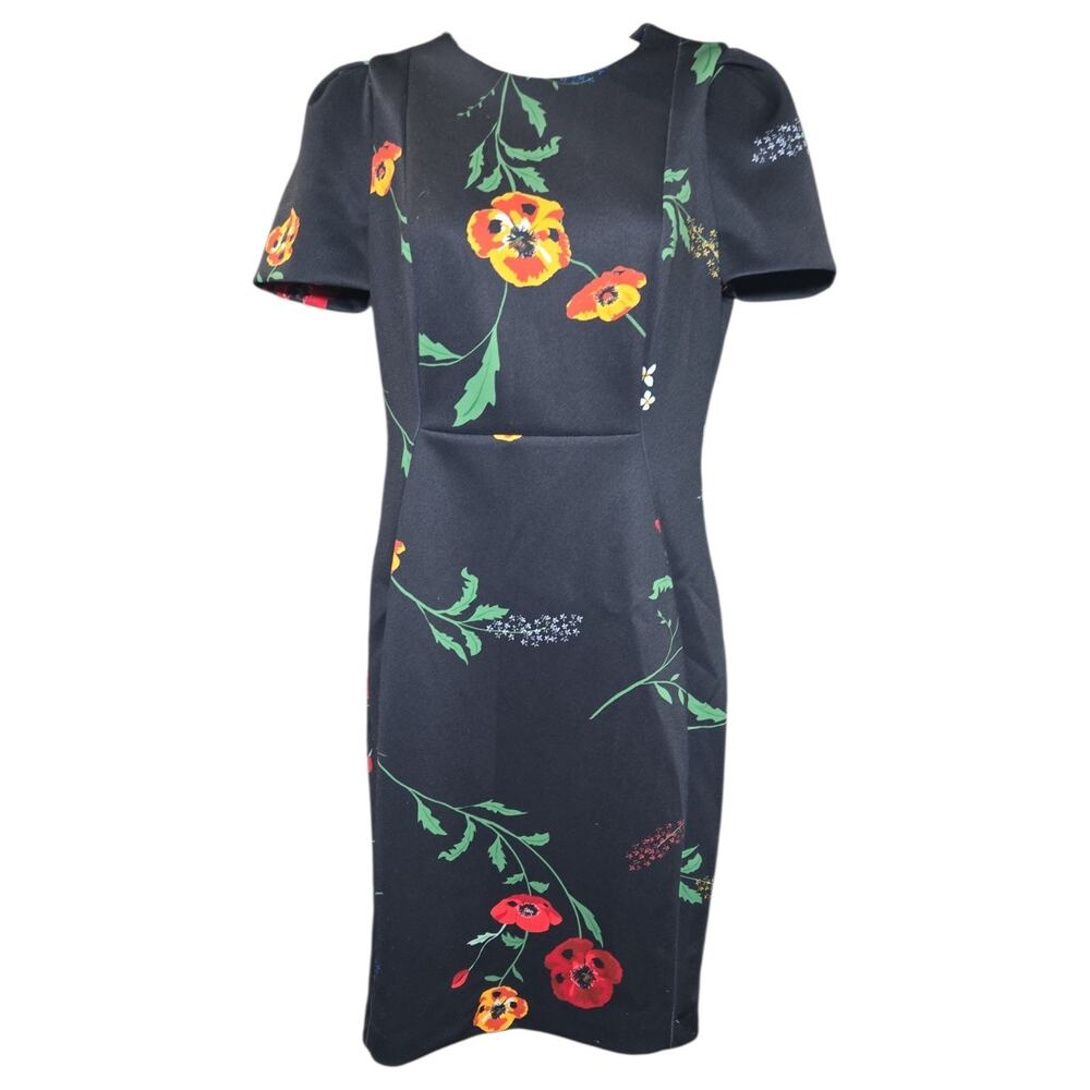 Calvin Klein Sz 4 Black Floral Puff Sleeve Sheath Dress Career Work Professional